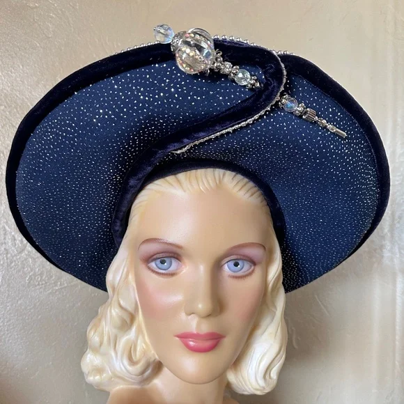 ENCHANTING 1970s' NAVY WIDE BRIM FELT HAT + PEARLS/BEADS/GLITTER & LARGE JEWEL